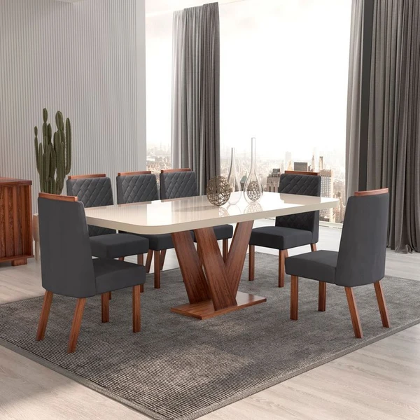 Mesa de Jantar 6 Cadeiras Aurora com Tampo de Vidro 100% MDF Amêndoa/Cinza - Bom Pastor 