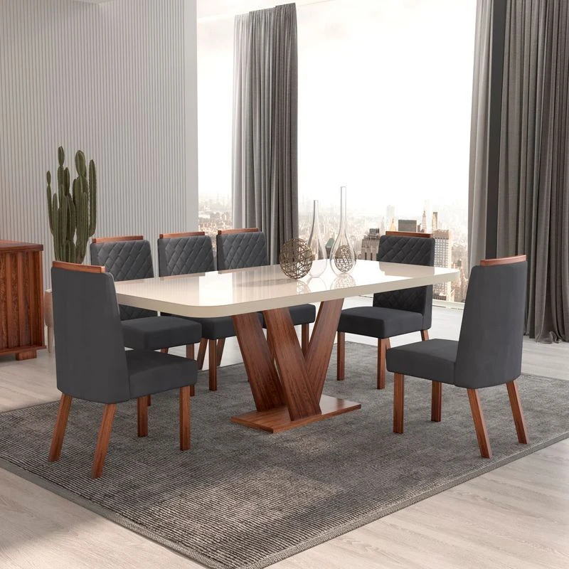 Mesa de Jantar 6 Cadeiras Aurora com Tampo de Vidro 100% MDF Amêndoa/Cinza - Bom Pastor  - 1