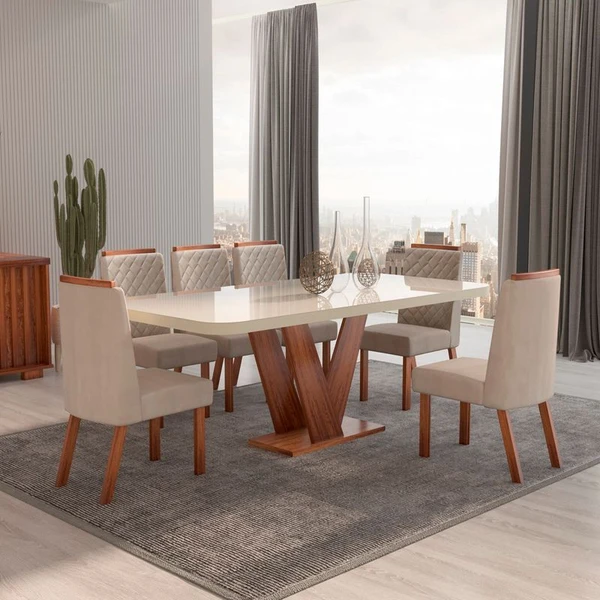 Mesa de Jantar 6 Cadeiras Aurora com Tampo de Vidro 100% MDF Amêndoa/Bege - Bom Pastor 