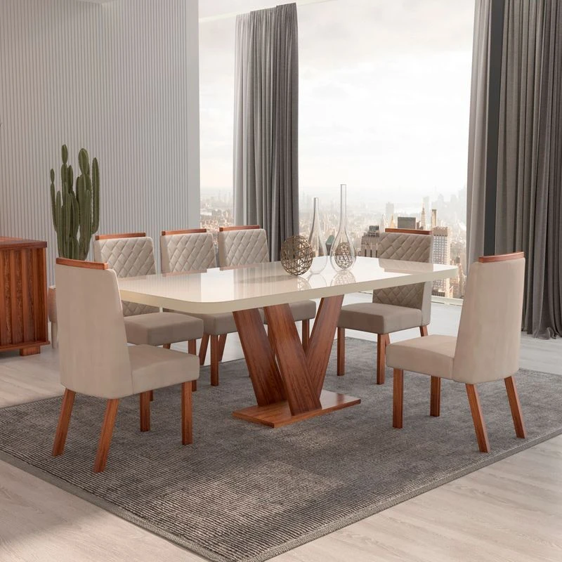 Mesa de Jantar 6 Cadeiras Aurora com Tampo de Vidro 100% MDF Amêndoa/Bege - Bom Pastor  - 1