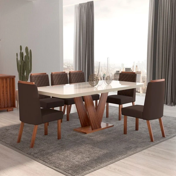 Mesa de Jantar 6 Cadeiras Mel com Tampo de Vidro 100% MDF Naturale/Off White/Cinza - Bom Pastor 