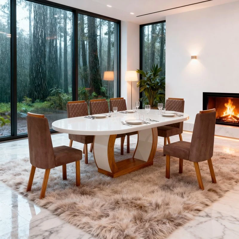 Mesa de Jantar 6 Cadeiras Mel com Tampo de Vidro 100% MDF Naturale/Off White/Marrom - Bom Pastor  - 1