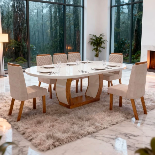 Mesa de Jantar 6 Cadeiras Mel com Tampo de Vidro 100% MDF Naturale/Off White/Bege - Bom Pastor 
