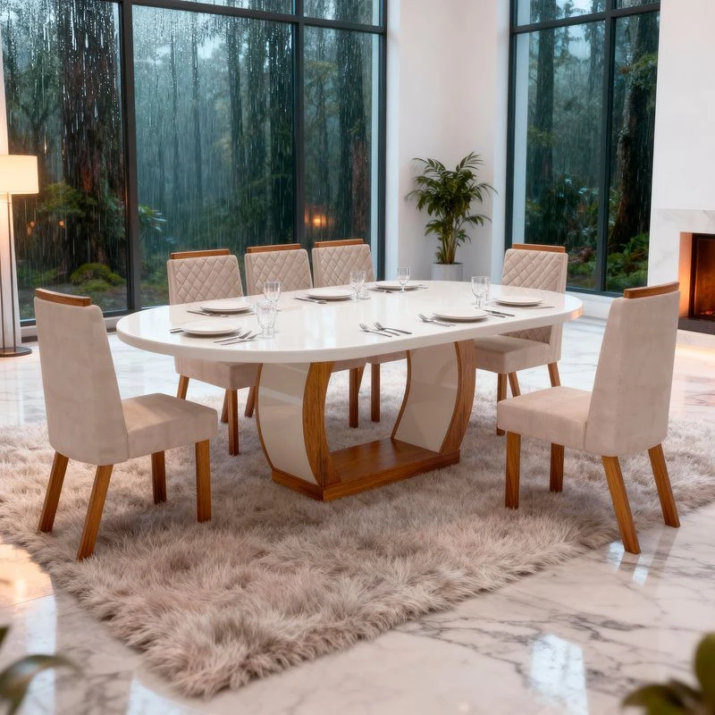 Mesa de Jantar 6 Cadeiras Mel com Tampo de Vidro 100% MDF Naturale/Off White/Bege - Bom Pastor  - 1
