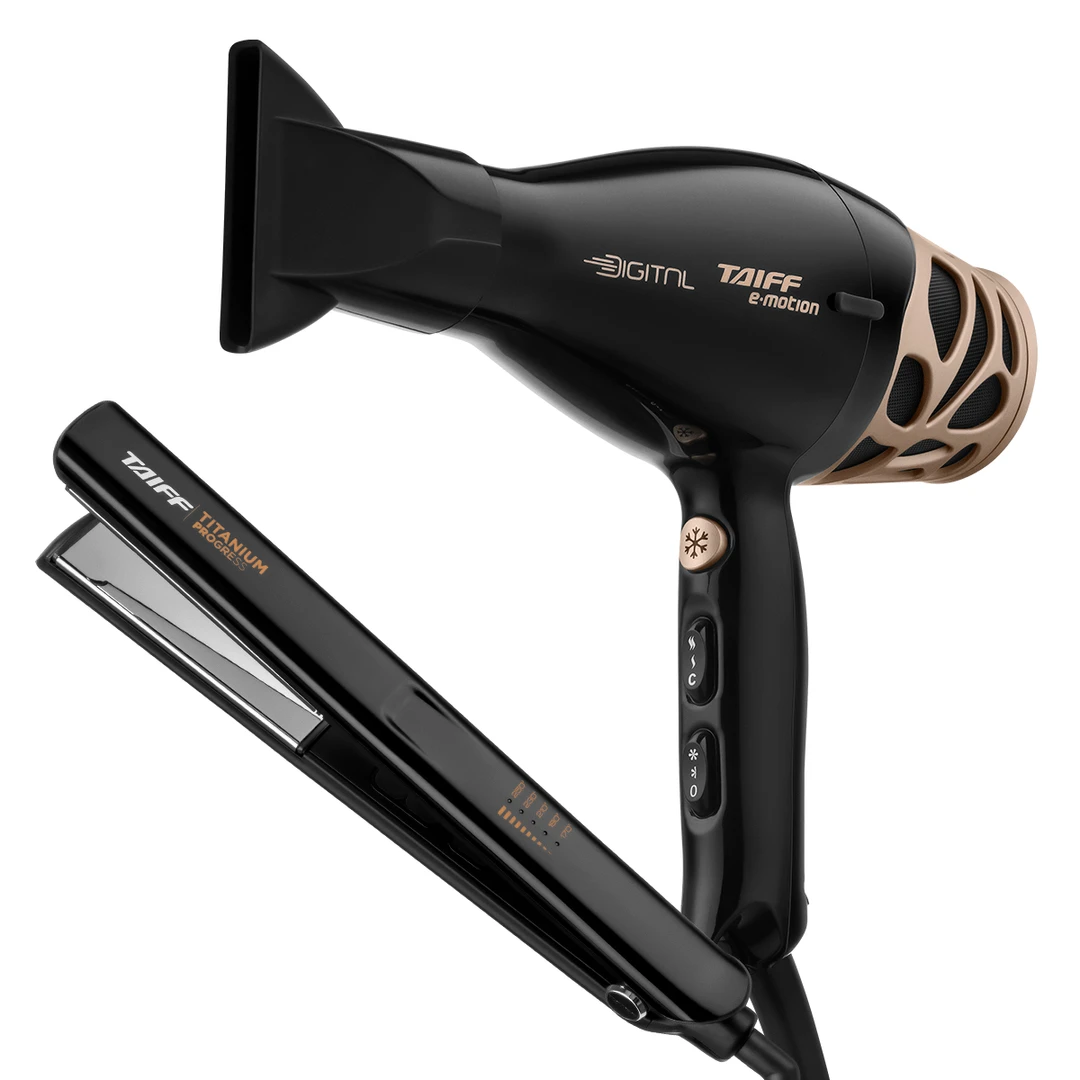 Kit Secador Taiff Emotion e Chapa Titanium Progress Preto  - 1