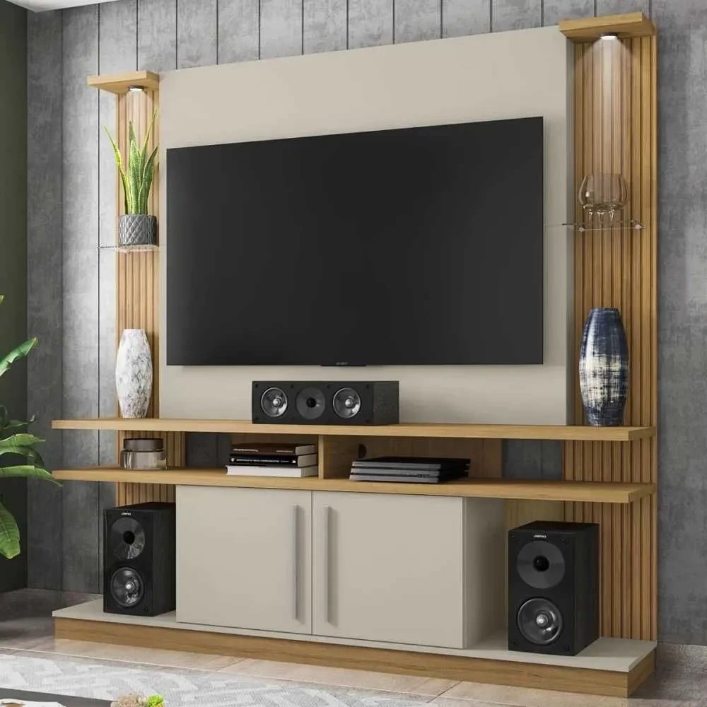 Estante para TV Até 60 Polegadas York com LED Cinamono/Off White - Bechara Móveis - 1