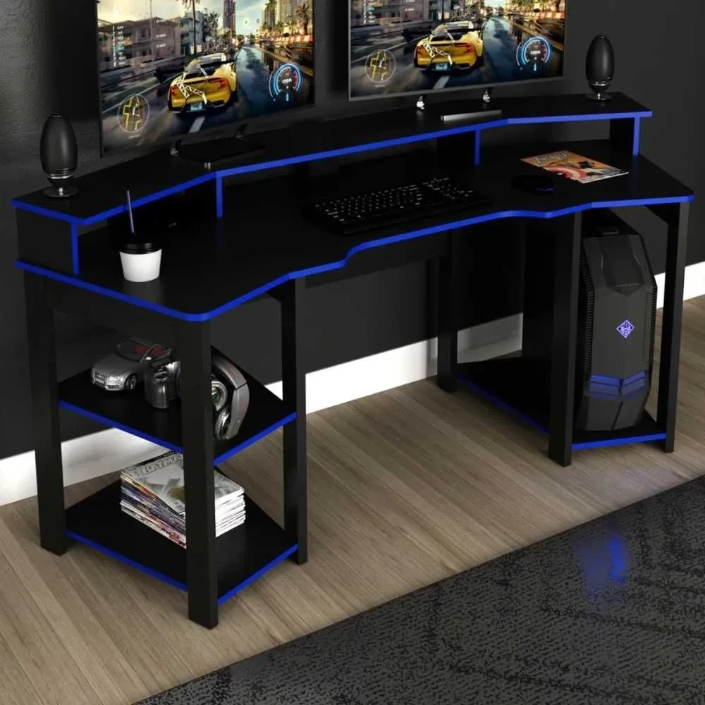 Mesa Gamer para 2 Monitores 3 Prateleiras Preto/Azul - Tecno Mobili - 1