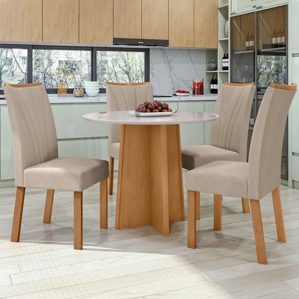 Mesa de Jantar 4 Cadeiras Athenas Apogeu Amêndoa Clean/Off White/Linho Rinzai Bege - Móveis Lopas - 1