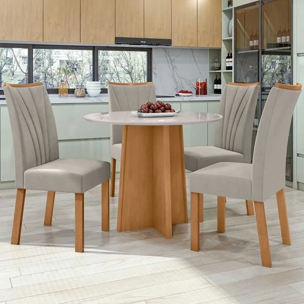 Mesa de Jantar 4 Cadeiras Celebrare Apogeu Amêndoa Clean/Off White/Veludo Liso Capuccino - Móveis Lopas - 1