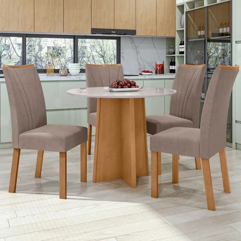 Mesa de Jantar 4 Cadeiras Athenas Apogeu Amêndoa Clean/Off White/Suede Animale Bege - Móveis Lopas - 1