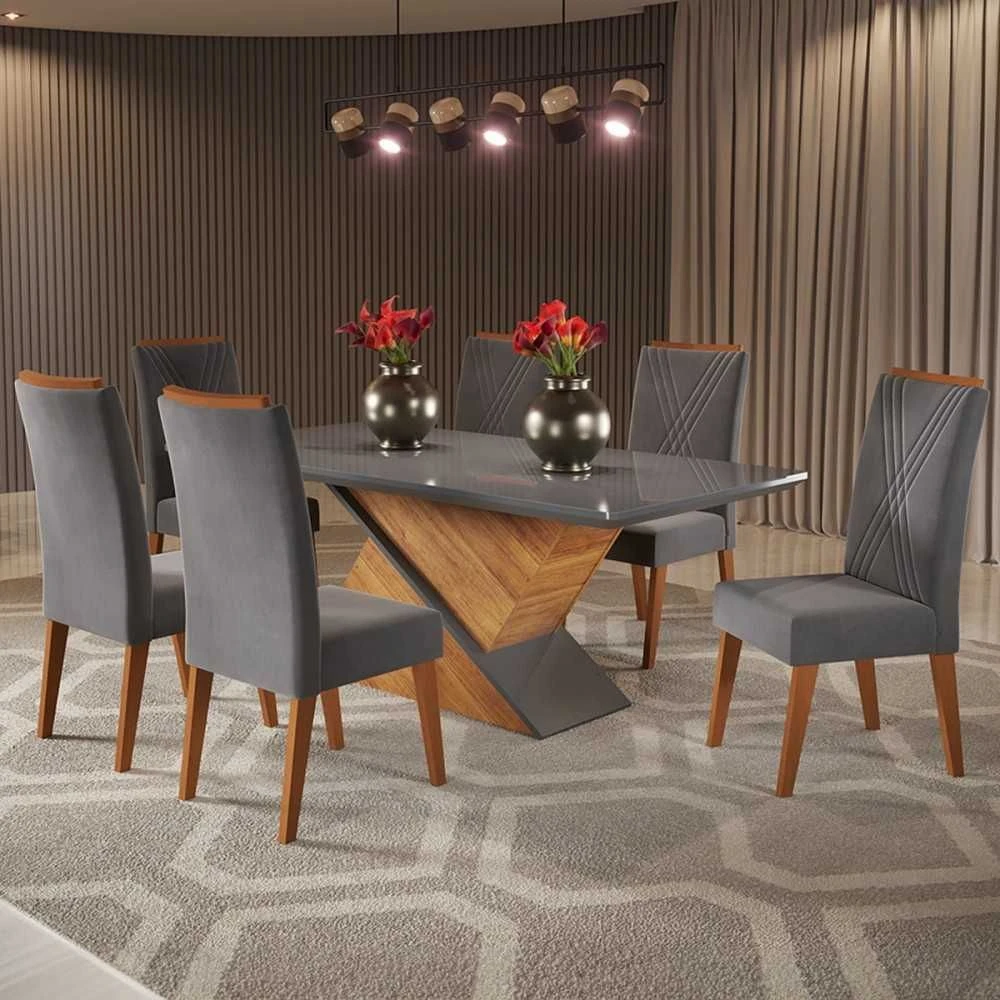 Mesa de Jantar 6 Cadeiras Stela com Vidro - 1