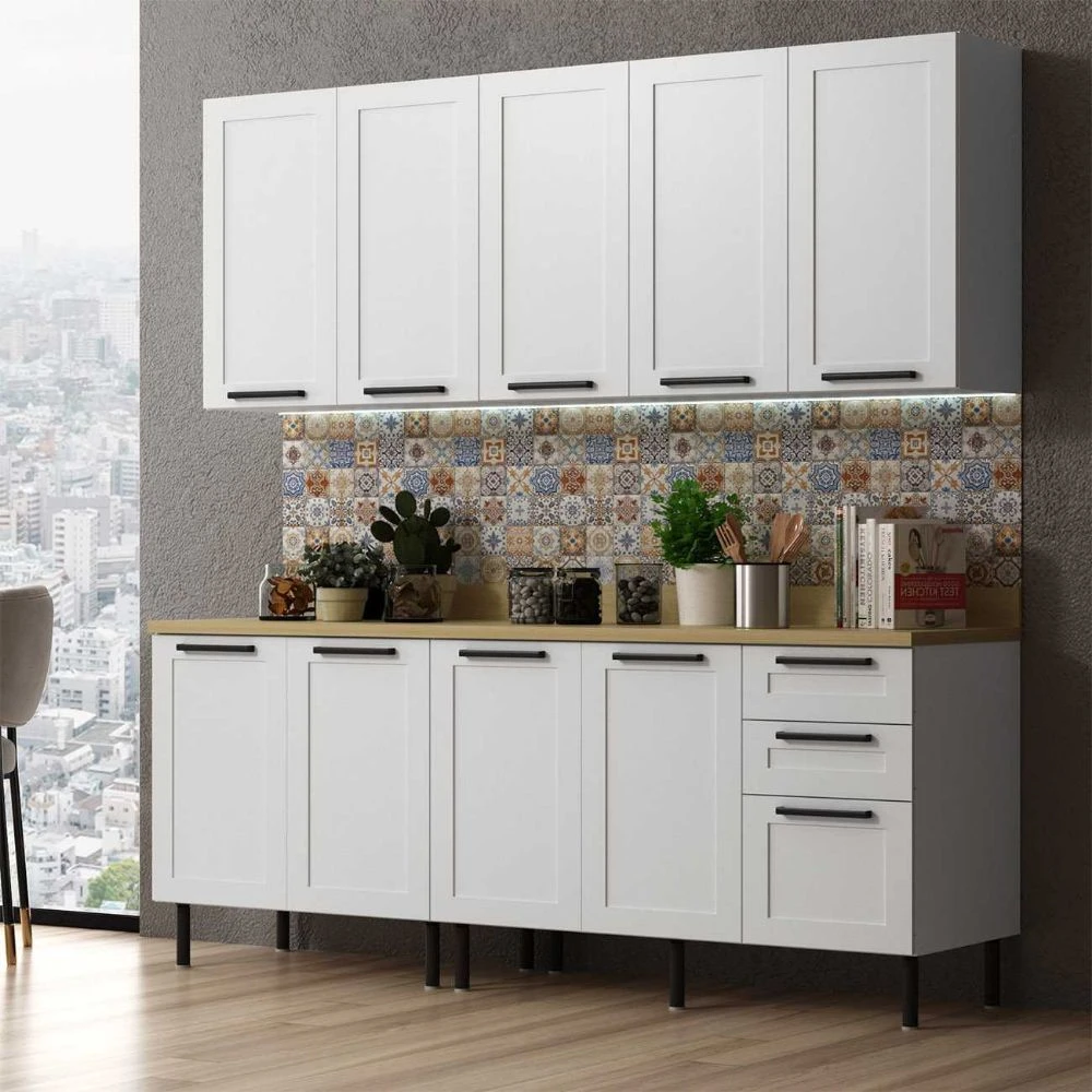 Armário de Cozinha 4 Peças Balcão Tampo Zaya Branco/Carvalho - 1