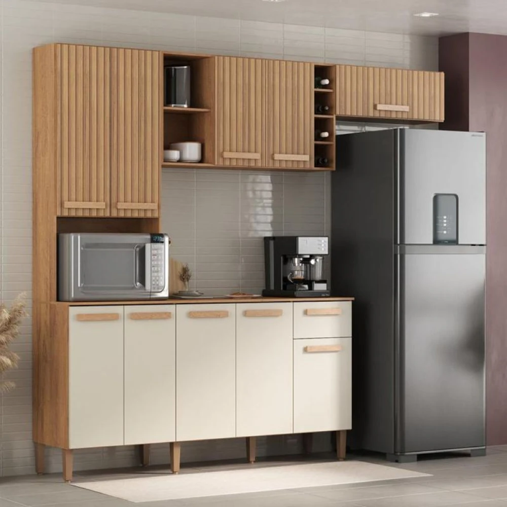 Cozinha Ravena 10 Portas 1 Gaveta Canelato 3D Canelato/Natura Off White - Atualle Móveis - 1