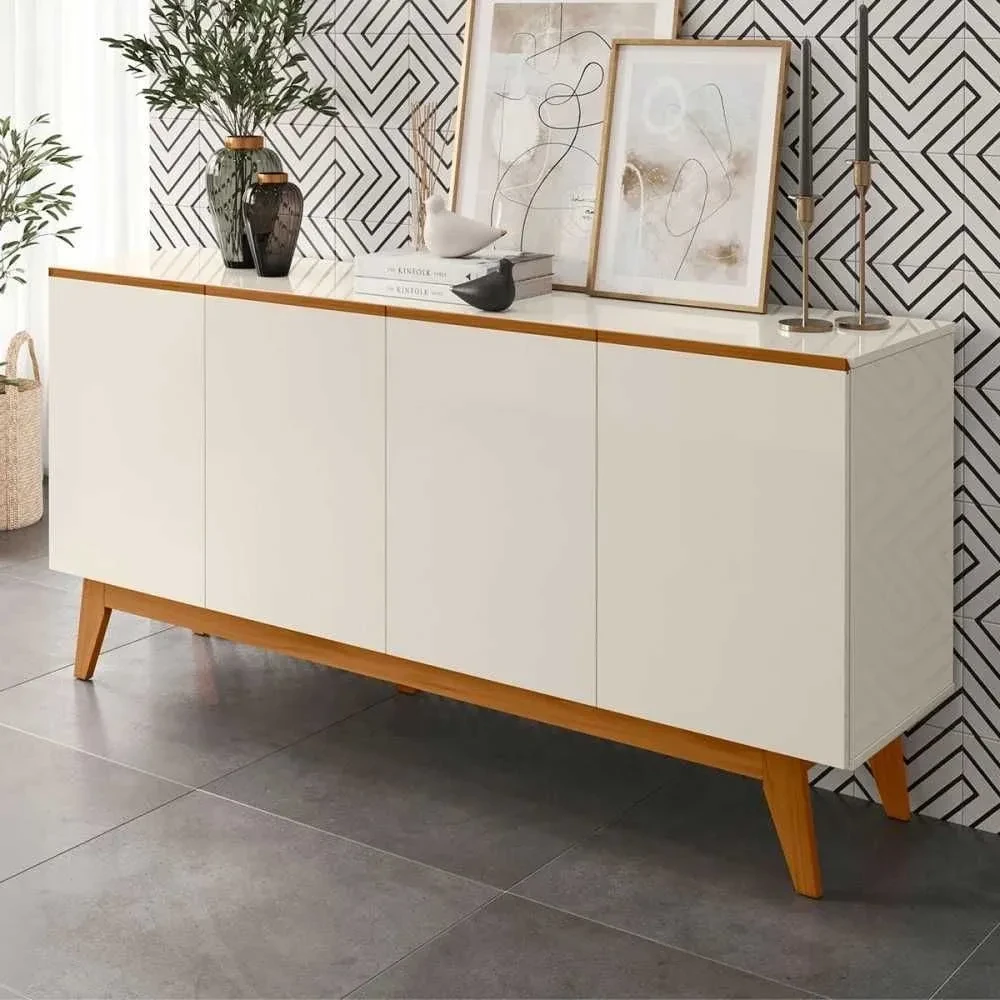 Balcão Buffet Ares Lux 4 Portas 2 Prateleiras Off White - Tebarrot - 1