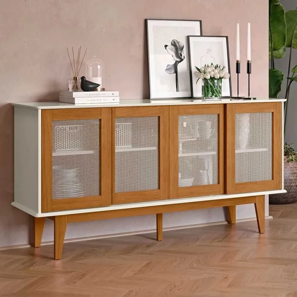 Balcão Buffet Detroit 4 Portas 4 Prateleiras Off White/Nature - Tebarrot - 1