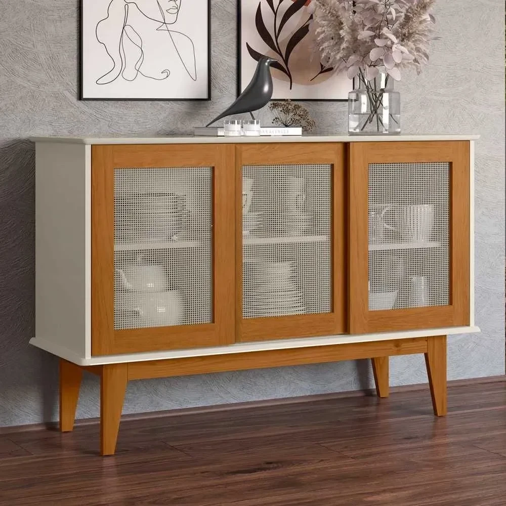 Balcão Buffet Detroit 3 Portas 3 Prateleiras Off White/Nature - Tebarrot - 1