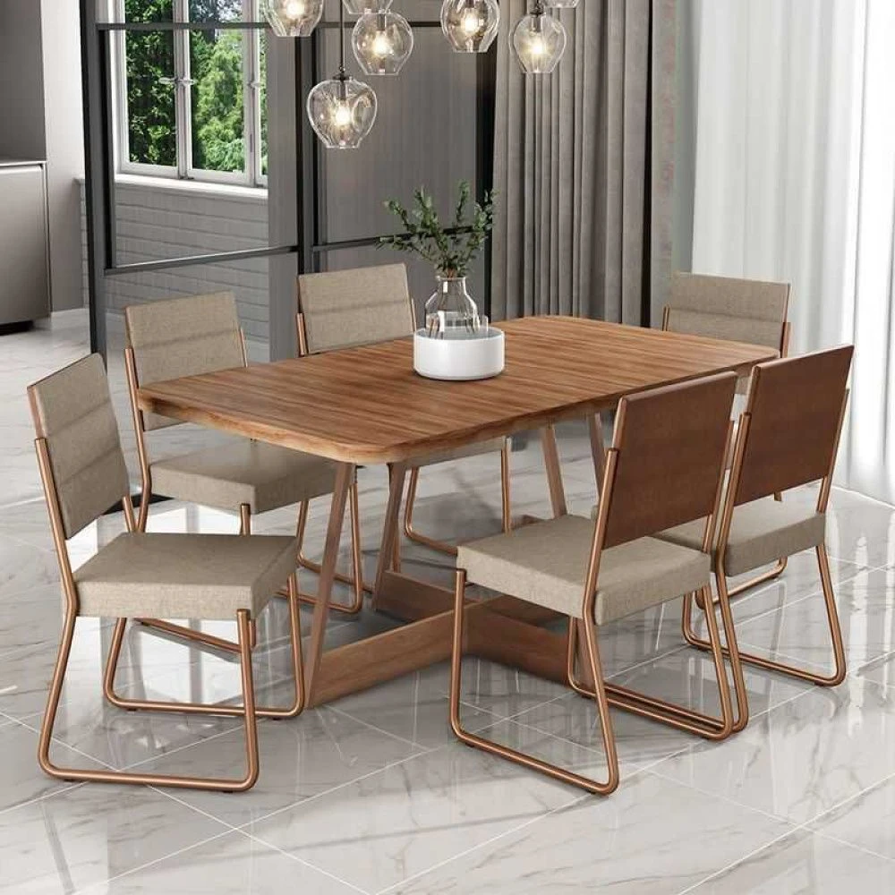Mesa de Jantar 6 Cadeiras Charlotte Carraro Nogal com Rose - Móveis Carraro - 1