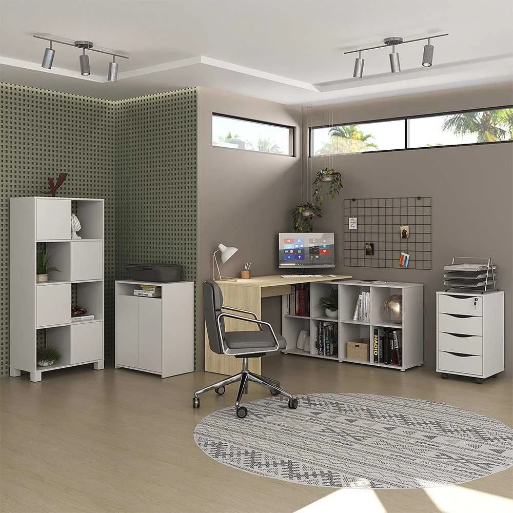 Conjunto Escritório Home Office 4 Peças Mity Branco/Carvalho - 1