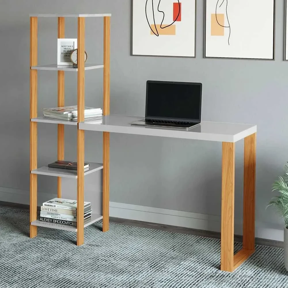 Mesa Escrivaninha Industrial 4 Prateleiras 100% MDF Off White/Freijó - 1