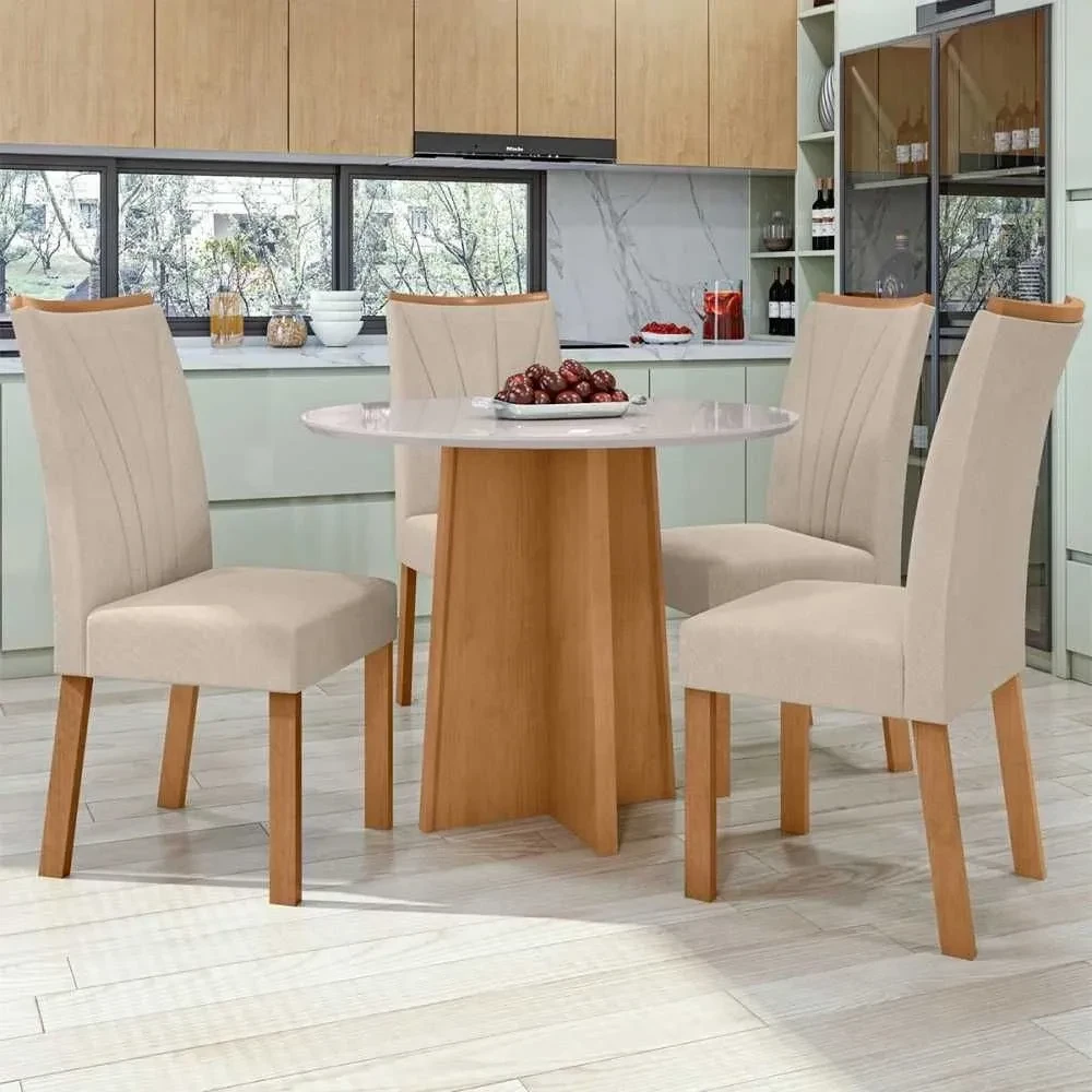Mesa de Jantar 4 Cadeiras Celebrare Apogeu Amêndoa Clean/Off White/Veludo Naturale Creme - Móveis Lopas - 1