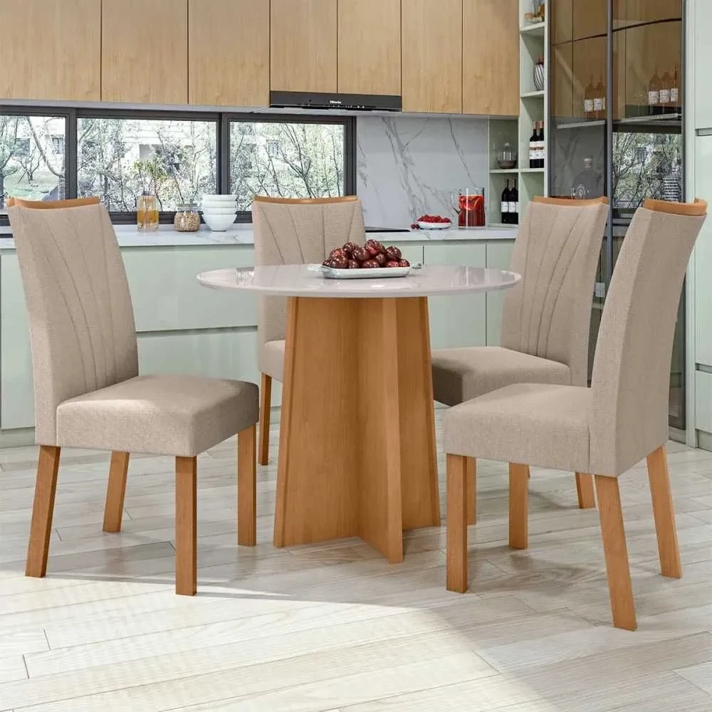 Mesa de Jantar 4 Cadeiras Celebrare Apogeu Amêndoa Clean/Off White/Linho Rinzai Bege - Móveis Lopas - 1