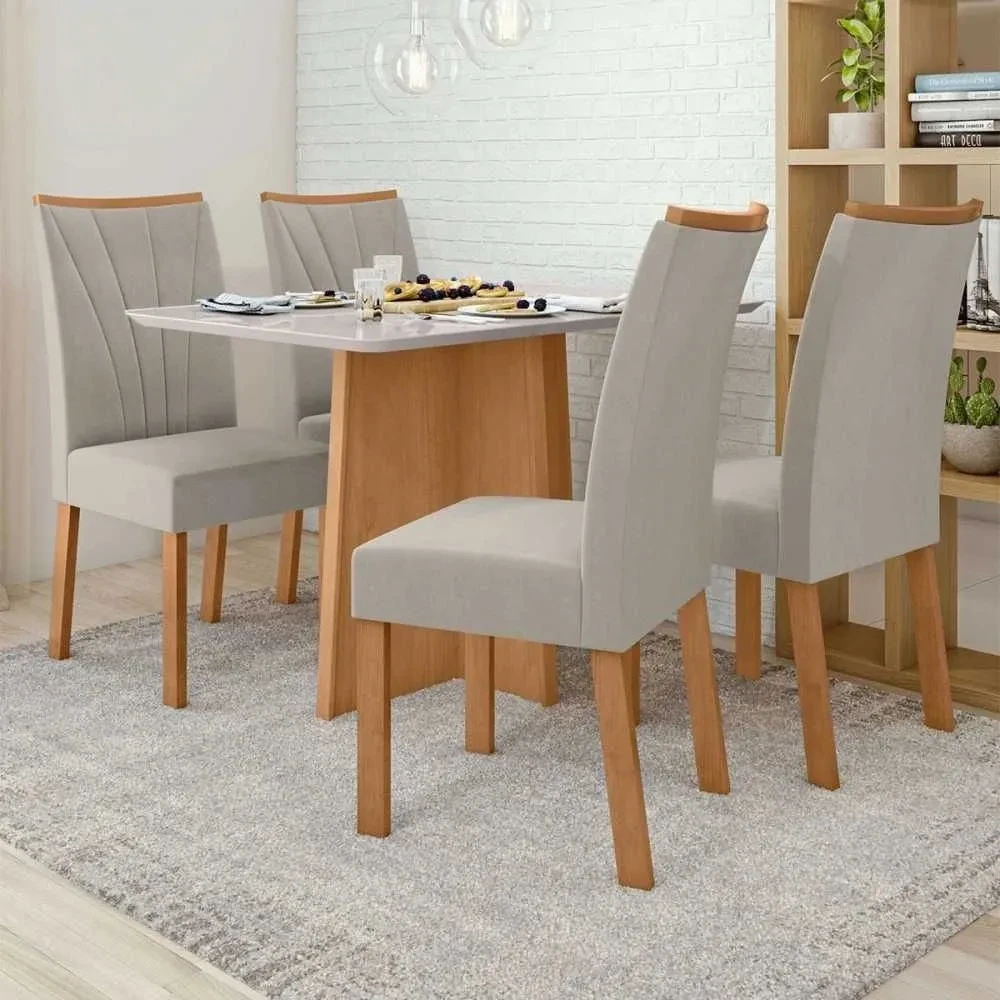 Mesa de Jantar 4 Cadeiras Celebrare Amêndoa Clean/Off White/Veludo Liso Capuccino - Móveis Lopas - 1