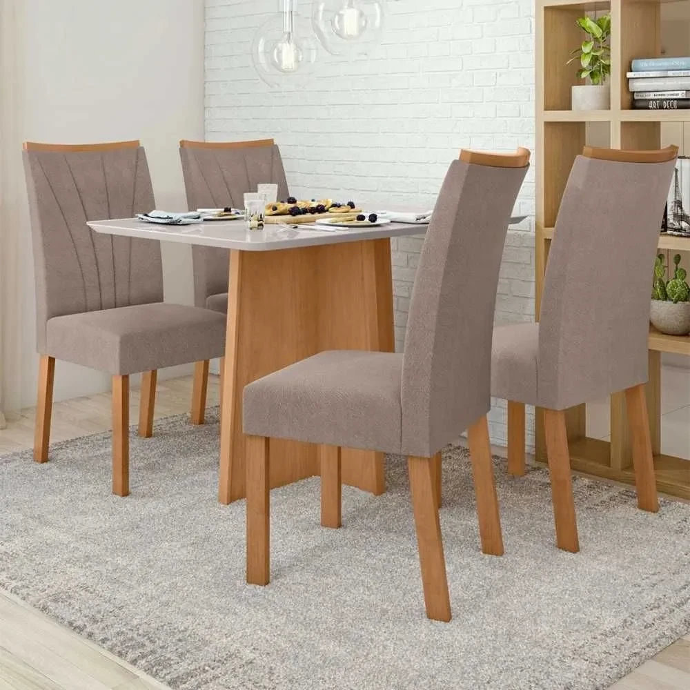Mesa de Jantar 4 Cadeiras Celebrare Amêndoa Clean/Off White/Suede Animale Bege - Móveis Lopas - 1