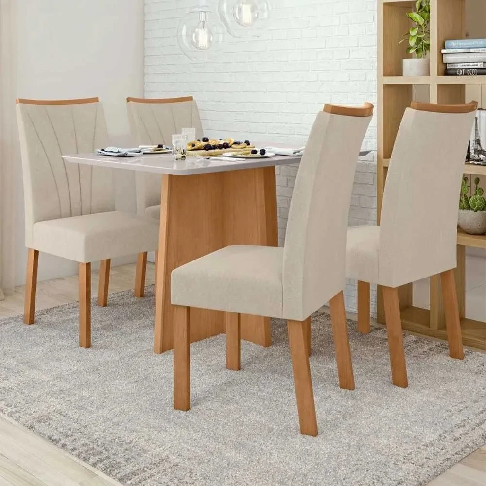 Mesa de Jantar 4 Cadeiras Celebrare Amêndoa Clean/Off White/Veludo Naturale Creme - Móveis Lopas - 1