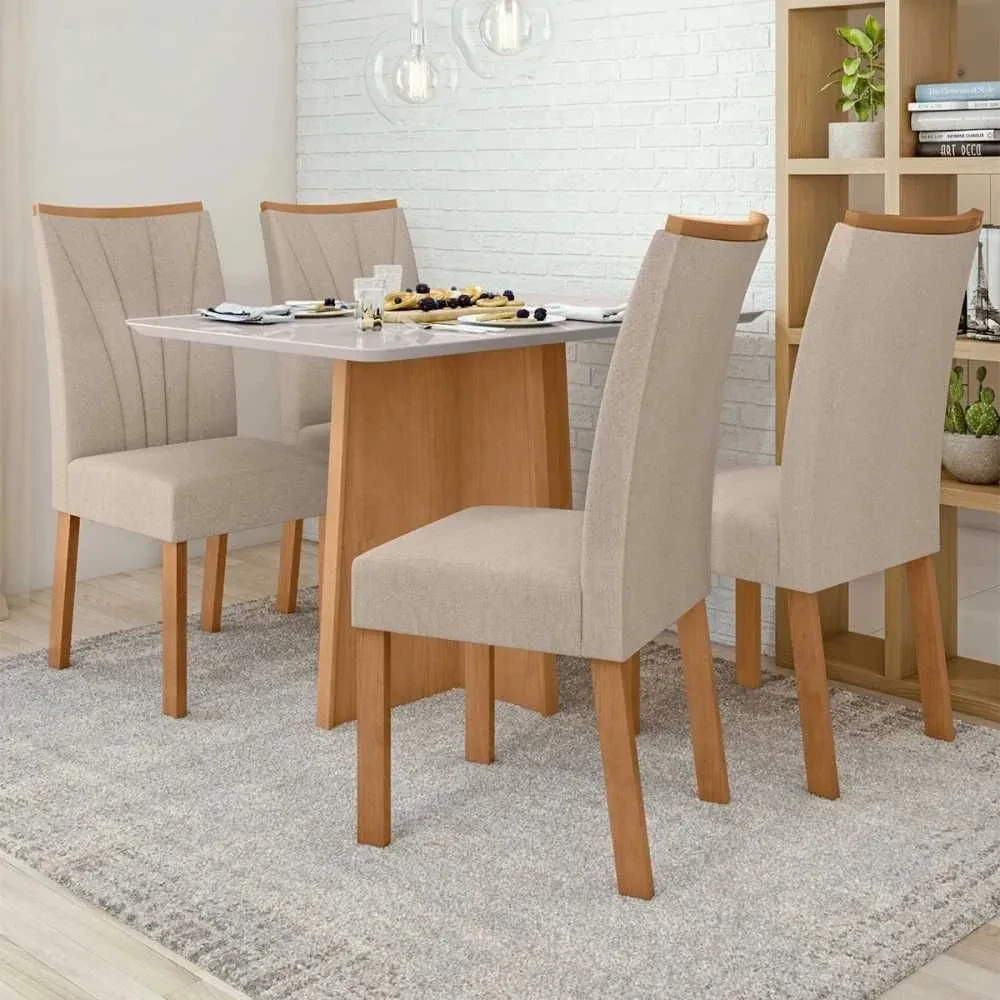 Mesa de Jantar 4 Cadeiras Celebrare Amêndoa Clean/Off White/Linho Rinzai Bege - Móveis Lopas - 1