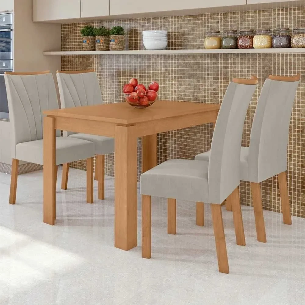 Mesa de Jantar 4 Cadeiras Athenas Apogeu Amêndoa Clean/Veludo Liso Capuccino - Móveis Lopas - 1