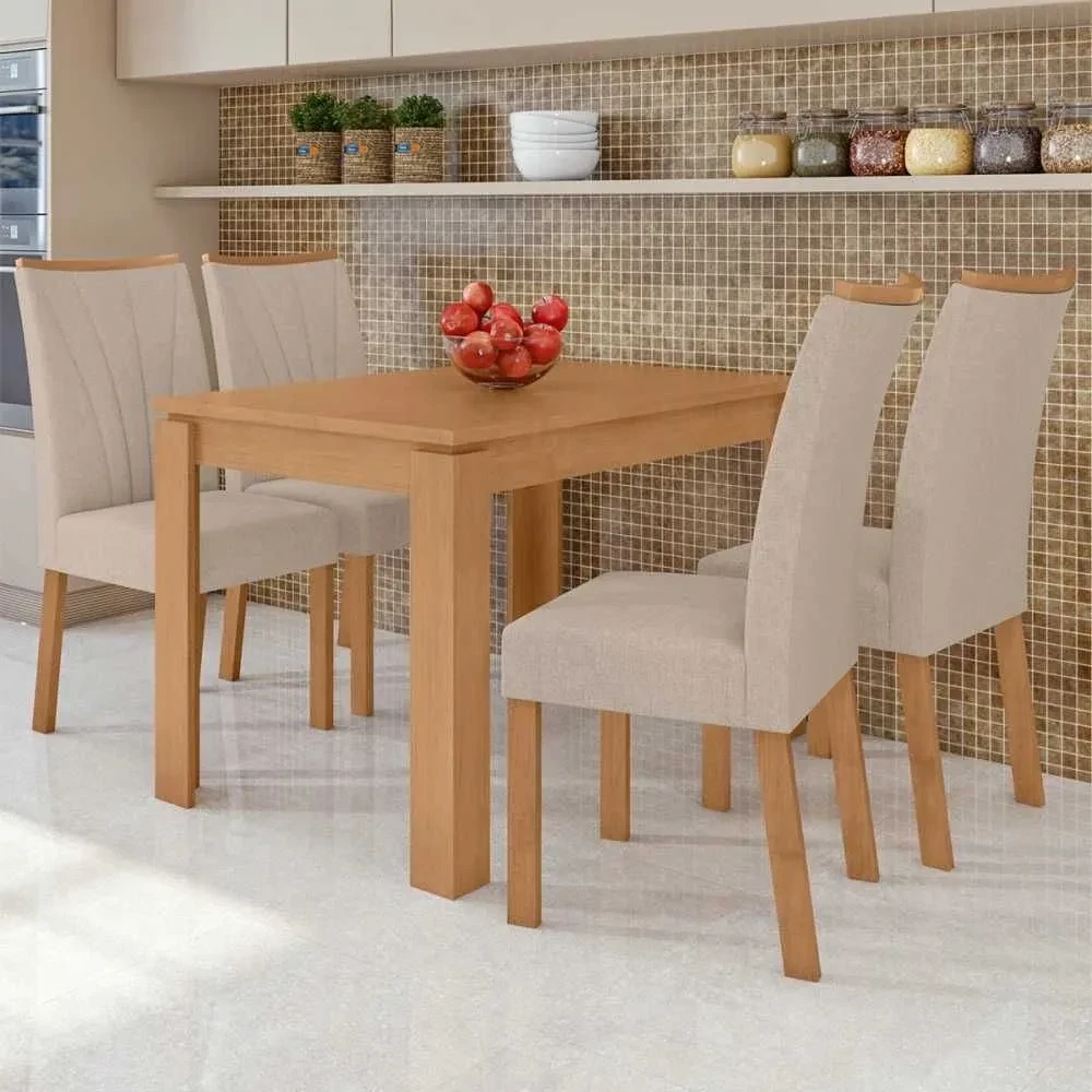 Mesa de Jantar 4 Cadeiras Athenas Apogeu Amêndoa Clean/Linho Rinzai Bege - Móveis Lopas - 1