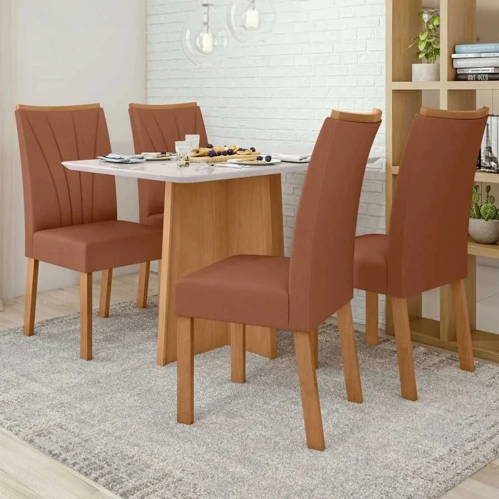 Mesa de Jantar 4 Cadeiras Celebrare Apogeu com Vidro Amêndoa Clean/Off White/Corino Caramelo - Móveis Lopas - 1