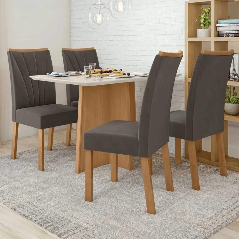Mesa de Jantar 4 Cadeiras Celebrare Apogeu com Vidro Amêndoa Clean/Off White/Veludo Liso Marrom - Móveis Lopas - 1