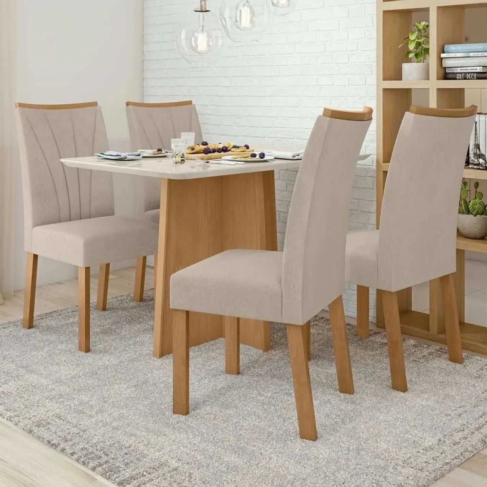 Mesa de Jantar 4 Cadeiras Celebrare Apogeu com Vidro Amêndoa Clean/Off White/Veludo Naturale Creme - Móveis Lopas - 1
