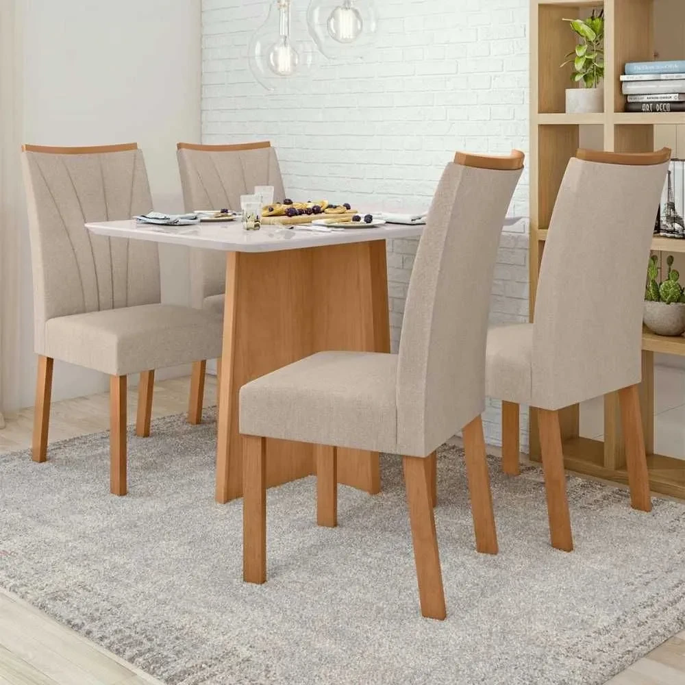 Mesa de Jantar 4 Cadeiras Celebrare Apogeu com Vidro Amêndoa Clean/Off White/Linho Rinzai Bege - Móveis Lopas - 1
