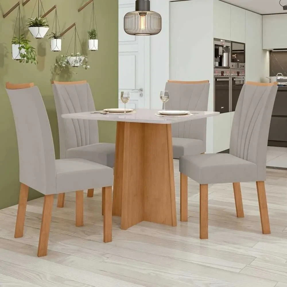 Mesa de Jantar 4 Cadeiras Celebrare Apogeu com Vidro Amêndoa Clean/Off White/Veludo Liso Capuccino - Móveis Lopas - 1
