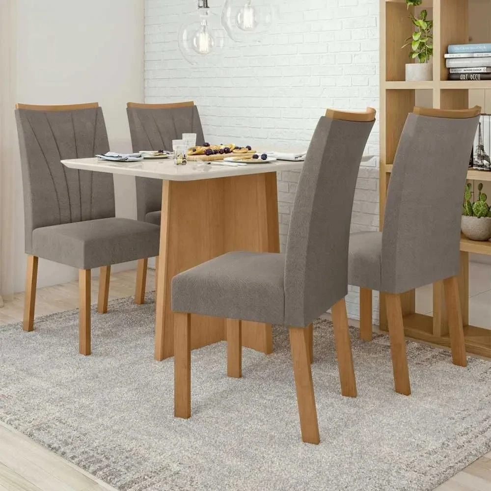Mesa de Jantar 4 Cadeiras Celebrare Apogeu com Vidro Amêndoa Clean/Off White/Suede Animale Bege - Móveis Lopas - 1