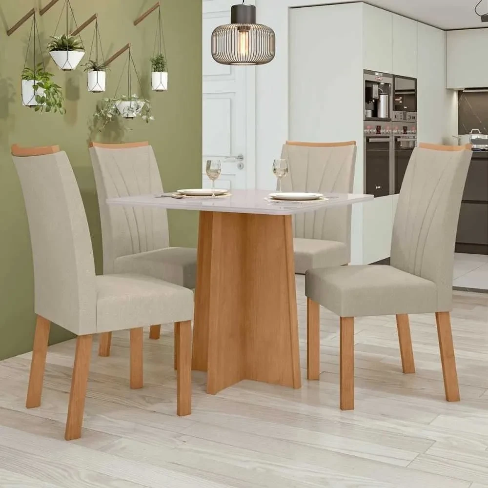 Mesa de Jantar 4 Cadeiras Celebrare com Tampo de Vidro Amêndoa Clean/Off White/Veludo Naturale Creme - Móveis Lopas - 1