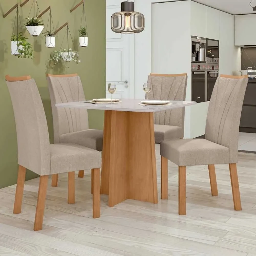 Mesa de Jantar 4 Cadeiras Celebrare com Vidro Amêndoa Clean/Off White/Linho Rinzai Bege - Móveis Lopas - 1