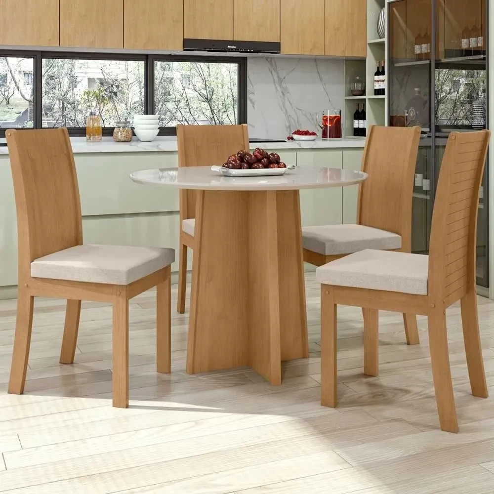 Mesa de Jantar 4 Cadeiras Celebrare Amêndoa Off White/Linho Rinzai Bege - Móveis Lopas - 1