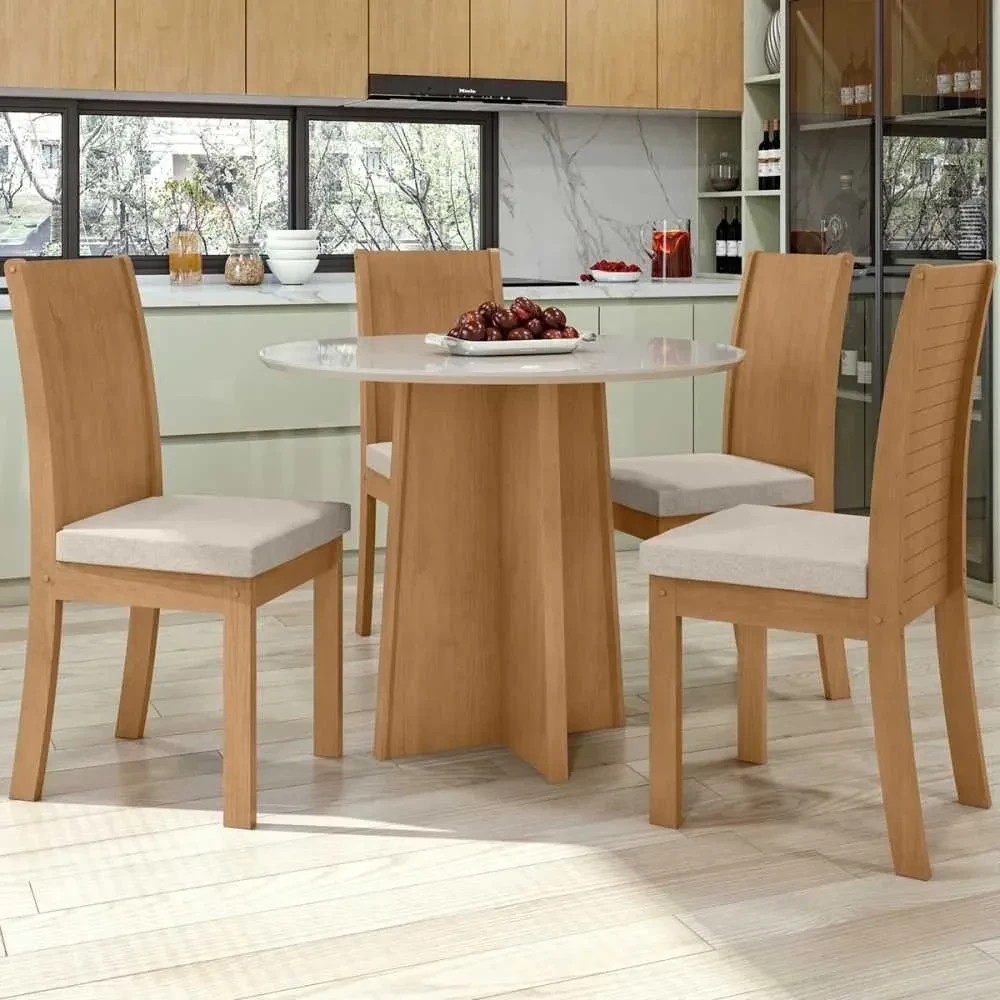 Mesa de Jantar 4 Cadeiras Celebrare com Tampo de Vidro Amêndoa Clean/Off White/Linho Rinzai Bege - Móveis Lopas - 1