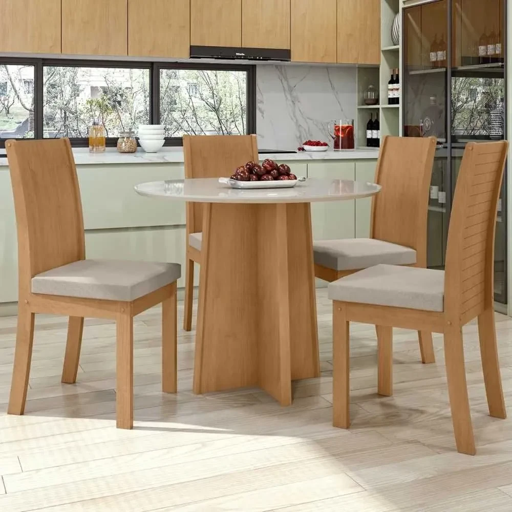 Mesa de Jantar 4 Cadeiras Celebrare Amêndoa Off White/Veludo Naturale Creme - Móveis Lopas - 1