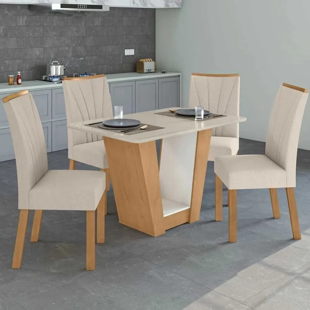 Mesa de Jantar 4 Cadeiras Apogeu com Vidro Amêndoa Clean/Off White/Linho Rinzai Bege - Móveis Lopas - 1