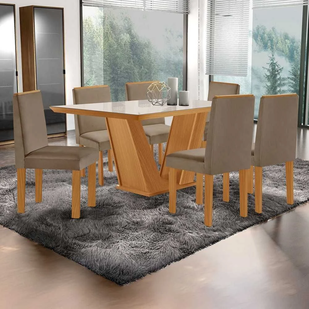 Mesa de Jantar 6 Cadeiras França com Vidro e Suede Capuccino - 1