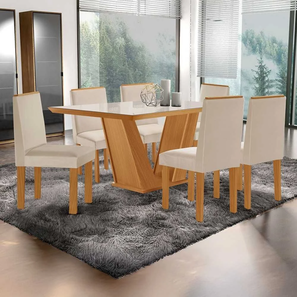 Mesa de Jantar 6 Cadeiras França com Vidro e Suede Creme - 1