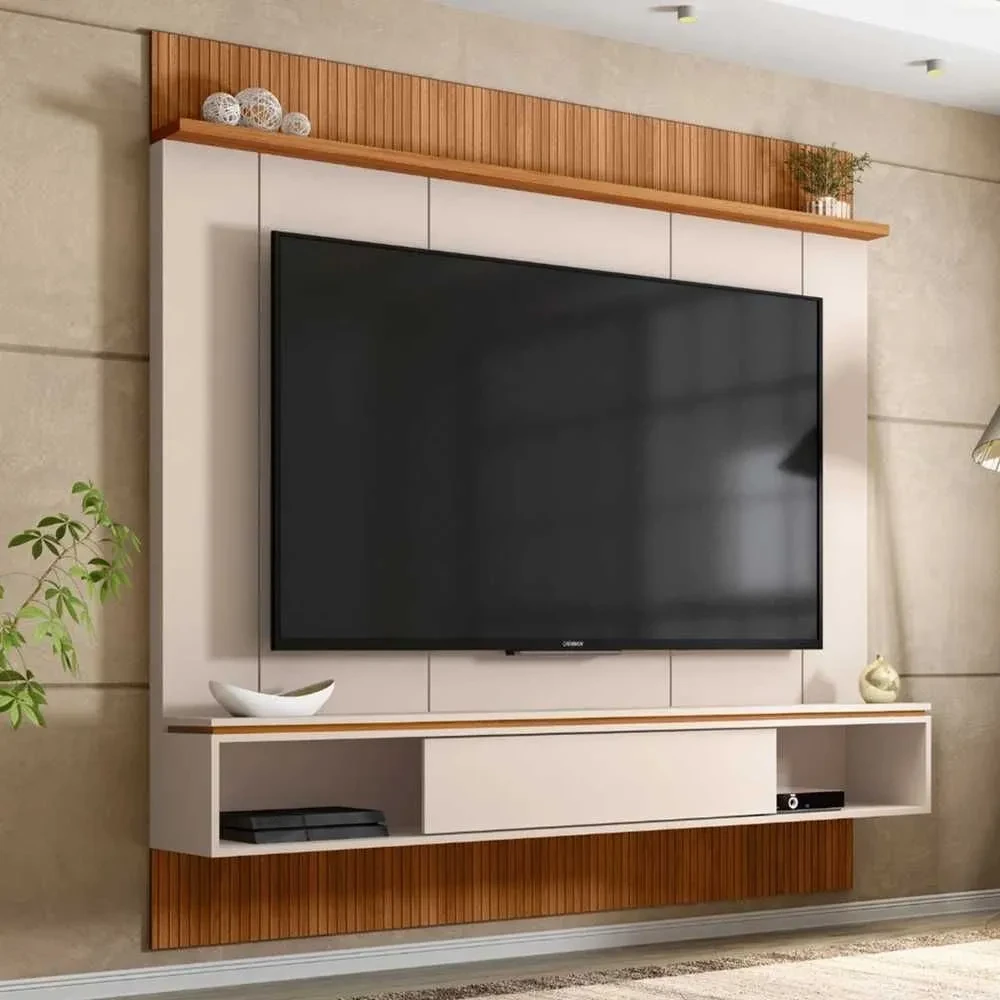 Painel para TV Até 65 Polegadas Vênus 1 Porta Ripado 3D Off White/Freijó - 1