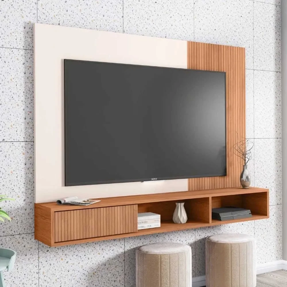Painel para TV Até 55 Polegadas Ritmo 1 Porta Ripado 3D Freijó/Off White - 1