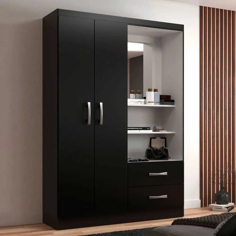 Guarda Roupa Solteiro Capelinha 2 Portas 2 Gavetas com Espelho Black - 1