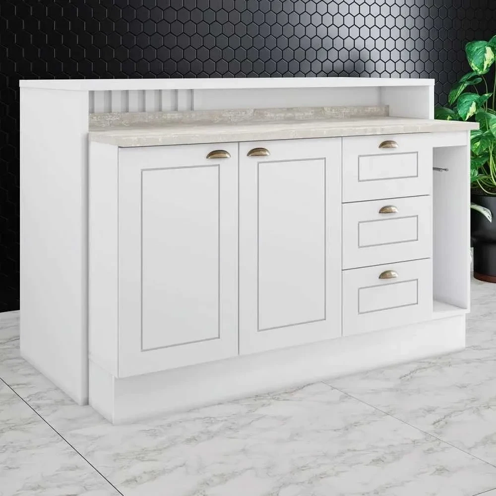 Bancada de Cozinha Kit Ilha Gourmet Americana 2 Portas 3 Gavetas Ripado Branco - Henn - 1