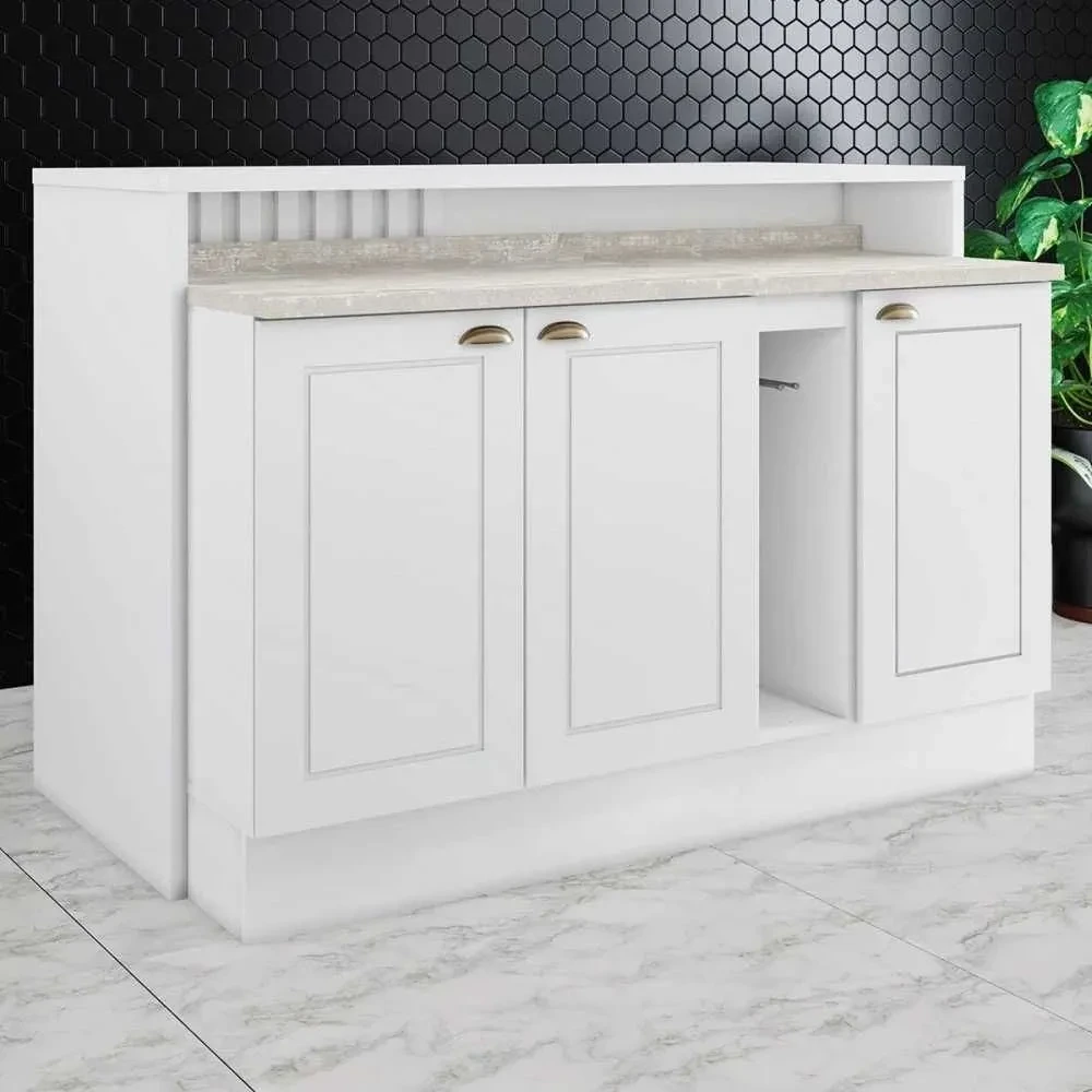 Bancada de Cozinha Kit Ilha Gourmet Americana 3 Portas Ripado Branco - Henn - 1